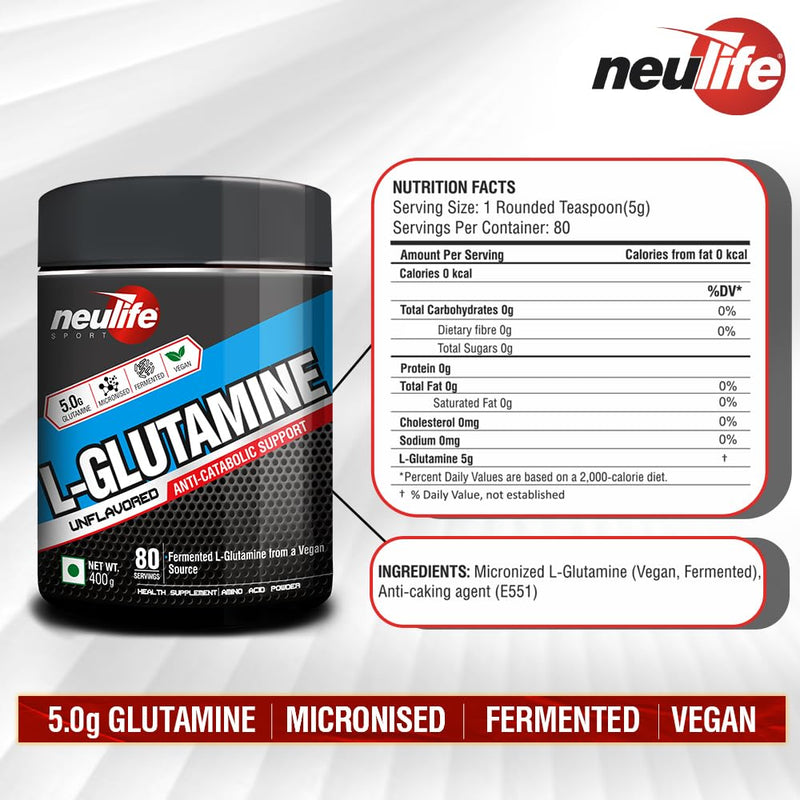 Neulife Fermented L-Glutamine Powder 400g Micronized &Vegan (Unflavored)