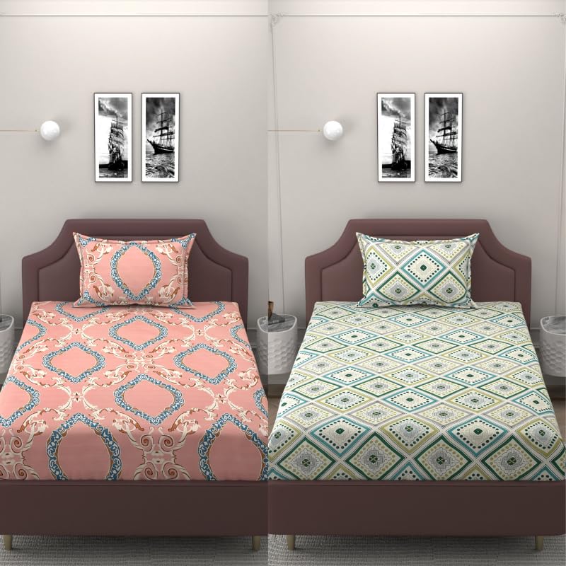 BROMWICK Set of 2 Single Bedsheet Combo of 250TC Microfiber Reversible Bedsheet/Bedcover for Single Bed with Pillow Cover- Size(90" x60 Inches) (Pink Green)