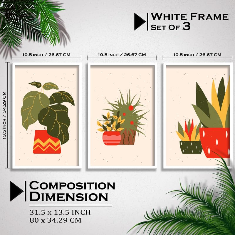 SAF paintings Set of 3 flower pot Boho modern art design Premium white Framed Bohemian wall painting for for Wall, Home and Living Room Decoration 80 cms x 34.29 cms COMBO-2142-K3