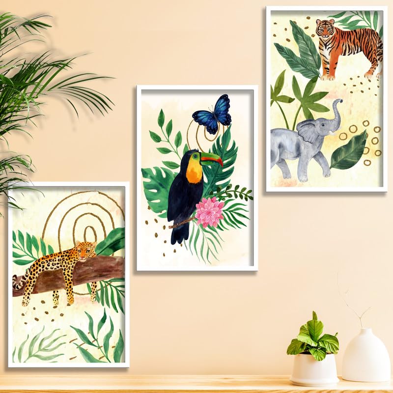 SAF paintings Set of 3 Animals Boho modern art design Premium white Framed Bohemian wall painting for for Wall, Home and Living Room Decoration 80 cms x 34.29 cms COMBO-2062-K3