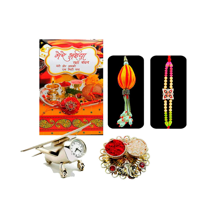 Saugat Traders Rakhi for Bhai Bhabhi with Gift Combo Metal Airplane Table Clock Showpiece with Greeting Card - Lumba Rakhi for Bhabhi and Roli Chawal Chopra