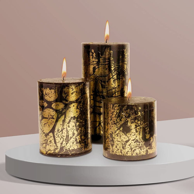 AuraDecor Unscented Pillar Candle Set of 3 (3inch*3inch, 3inch*4inch, 3inch*6inch) || Unscented || Long Burning || Gift Set || Set of 3 || Pillar candle. (Black Goldust)