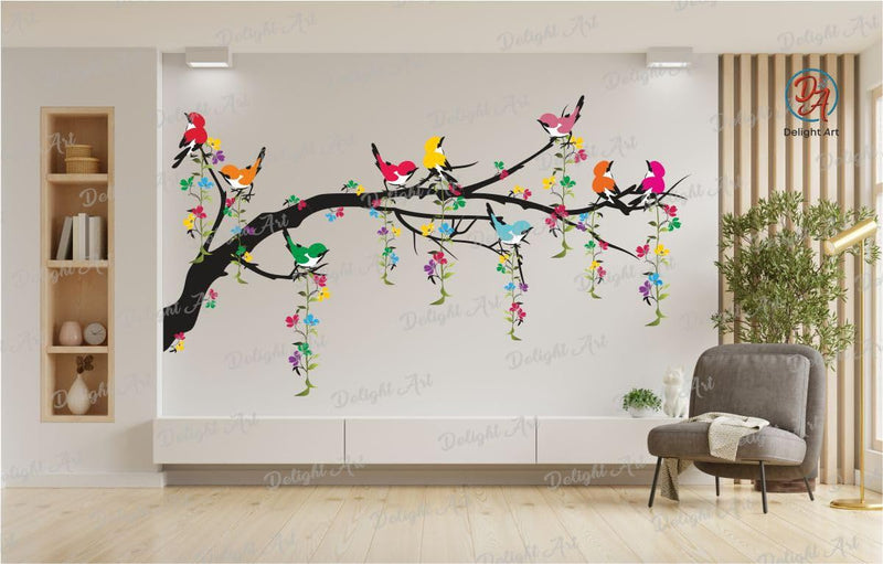 Delight Art Tree with Birds Design Flower Leaf Wall Sticker Bedroom, Windows Living Room Waterproof Wall Sticker (101CM X 58CM), Vinyl