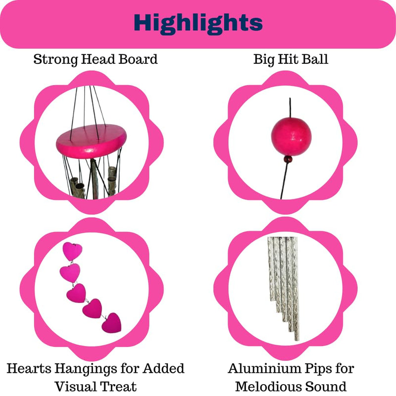 Wind Chimes with 5 Pipes and Heart Shaped Hangings - Pink Color