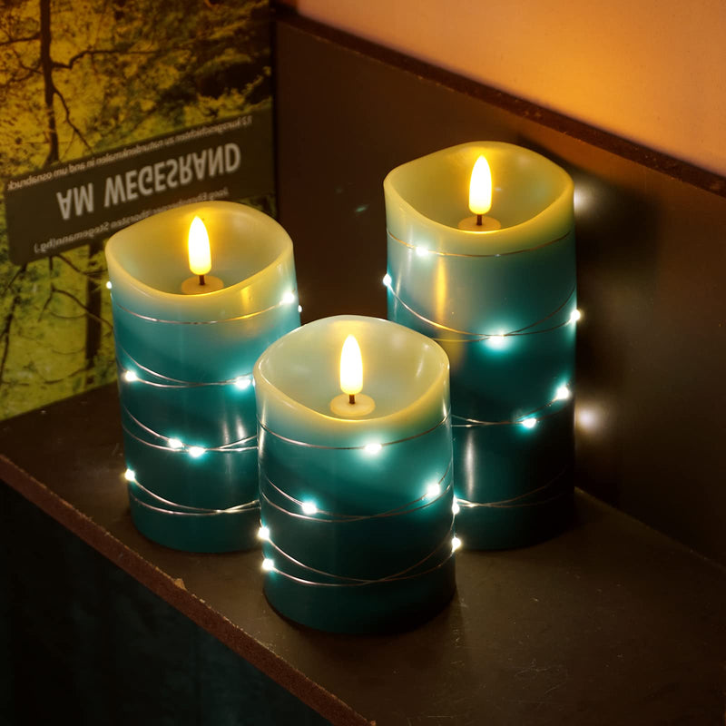 Xinhidar Flameless Candle is Rechargeable, Equipped with Embedded String Lights, 3 LED Candles, 11 Key Remote Control, 24-Hour Timer Function, pulsating Flame, Real Wax. (Ocean Blue)