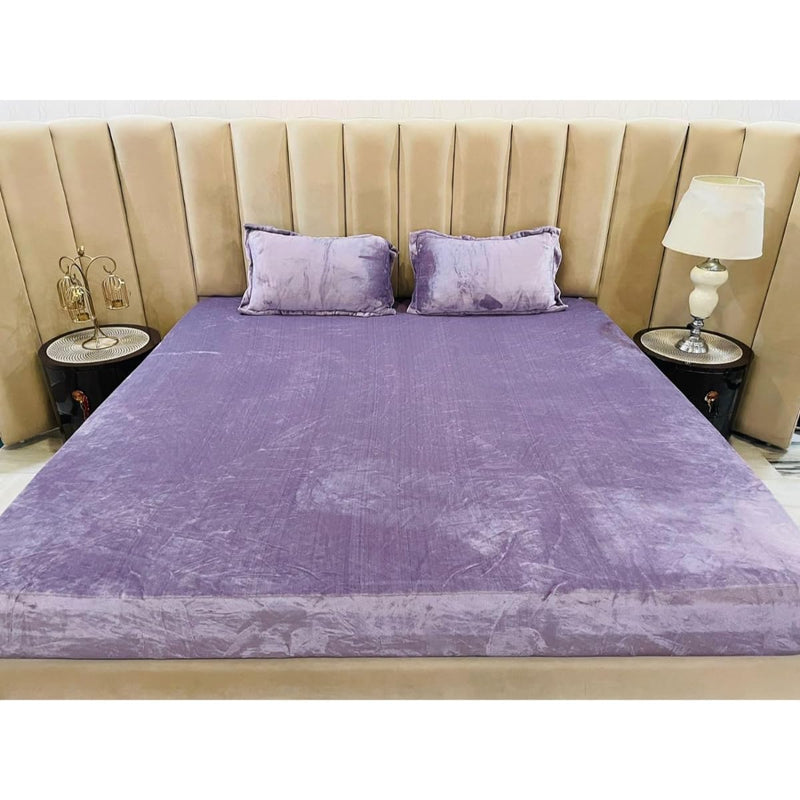 Byloom Premium Velvet Solid Woollen Elastic Fitted Bedsheets for Double Bed King Size (Size 254 x 265 Cms), with 2 Pillow Covers Elastic, Covers (46 x 68 Cms) (Light Purple)