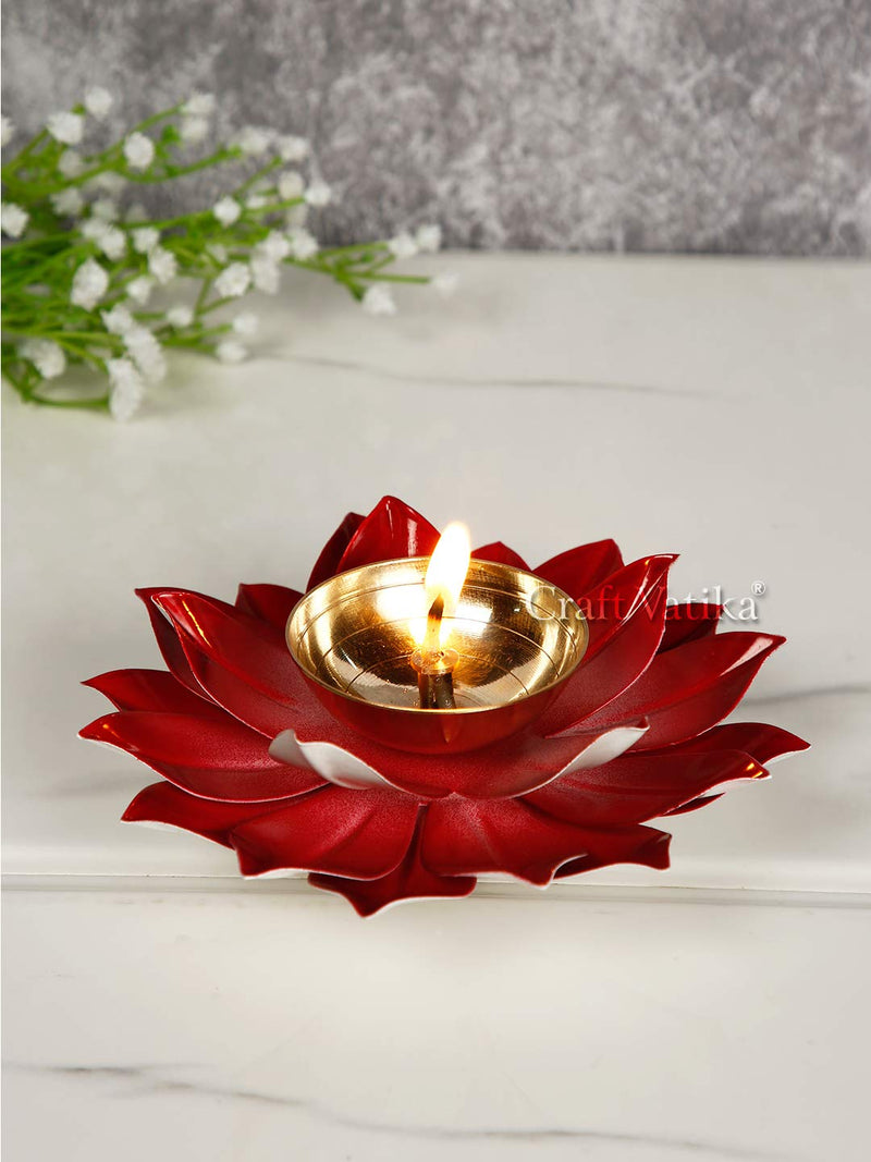 Collectible India Diya for Puja Home Decoration Item Gift, Lotus Brass Diyas Oil Lamp Pooja, Diwali Gifts (Set of 2)