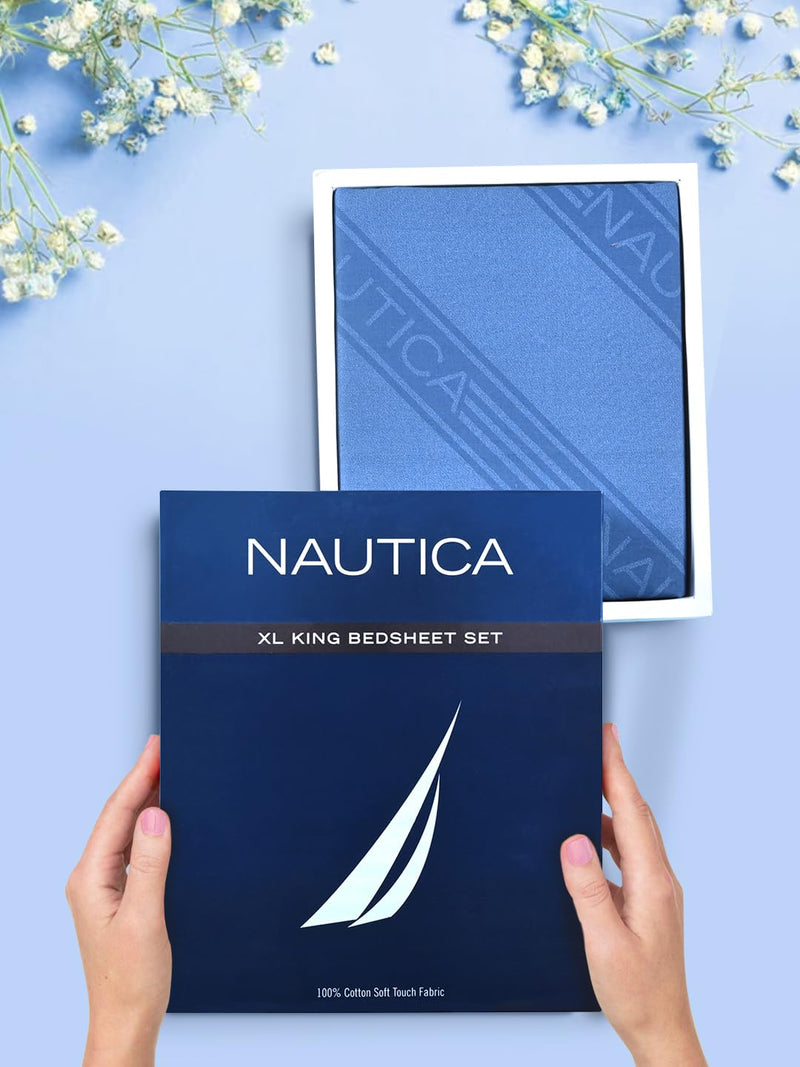 NAUTICA Super Soft 100% Cotton King Bedsheet and 2 Pillow Covers -3pc Set (Bristol) | Nautica Bedtime Bliss Gift Box | 1pc 160 TC King Size Bedsheet + 2pc Pillow Cover for Gifting Stripe-Navy