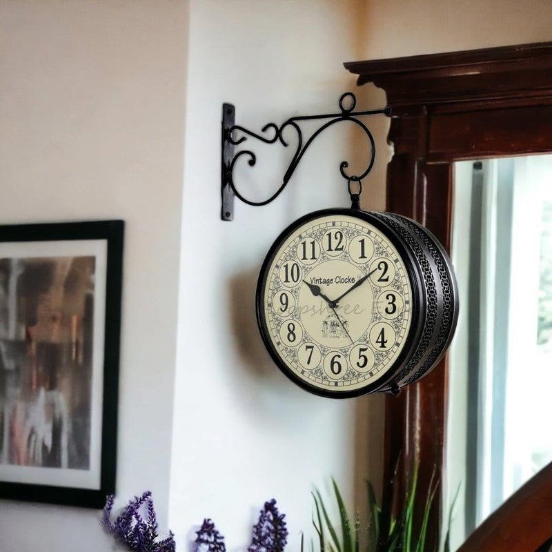 Vintage Clock Iron Handcrafted Double Side Clock(8x8-inch, Black)