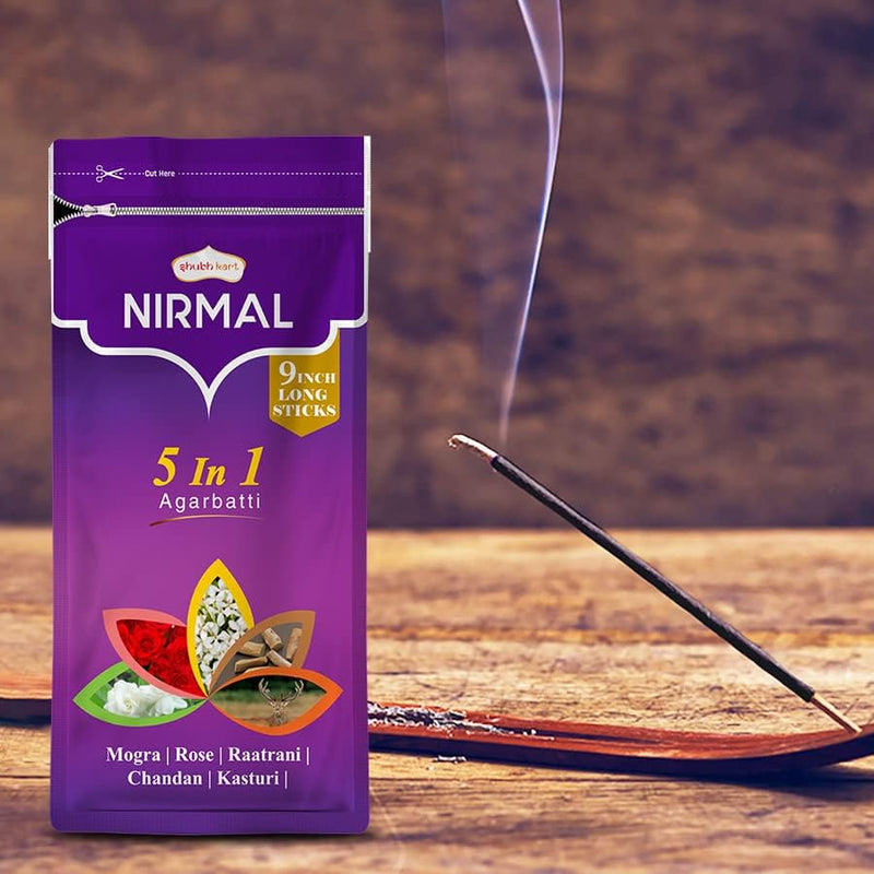 Shubhkart Nirmal 5 in 1 Agarbatti Zipper Pack 150grams for Puja & Meditation - 22.86cm Long Incense Sticks for Puja | Rose, Mogra, Chandan, Kasturi & Raatrani Fragrance | Charcoal Free (Pack of 2)