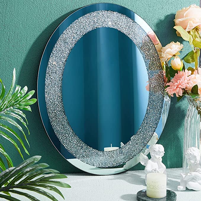 BAPIDA - Crystal Diamond Oval Shaped, Bling Silver Mirror,Stunning Home Diamond Decor