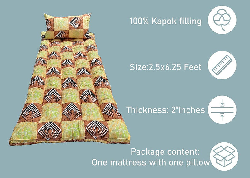 Nivedha Mattress- Kapok/Silk Cotton/ilavam Panju Soft Sleeping Foldable Hostel Bed Mattress, 6.25 x 2.5 feet x 3 inches with 1 Pillow.