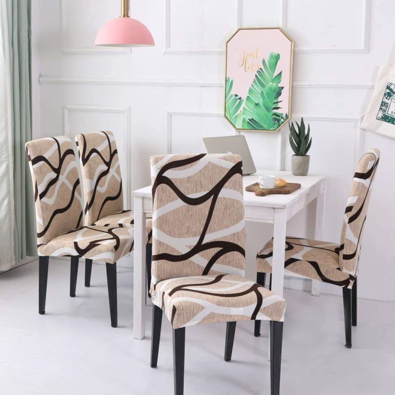 Lukzer 6PC Elastic Stretchable Dining Chair Cover Universal Protective Slipcover (Beige Lining Design / 6Covers), Polyester