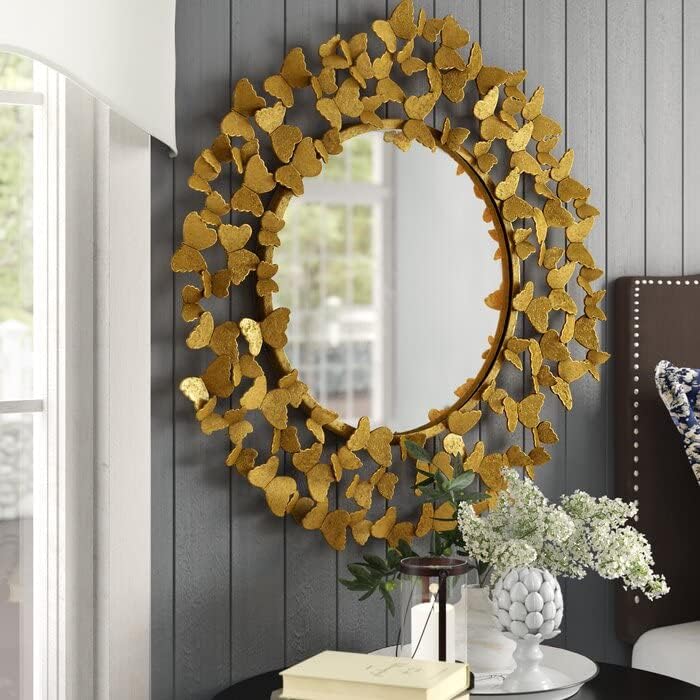 AD iNTER Golden Metal Butterfly Decorative Wall Mount Mirror for Room, Hall (30×30×5cm)