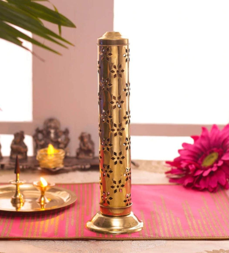 Antique Collection Floral Brass Agarbatti Stand with Ash Catcher,Set of 1 (8 L* 8 B* 26.5H cm)(Cylindrical)