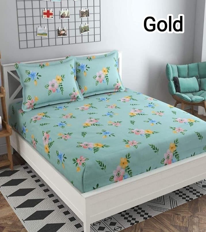 Flower Print Light Green Double Bed Flat bedsheet with 2 Pillow Cover and 2 Cushions with Quilted Cover (5 pcs Set)