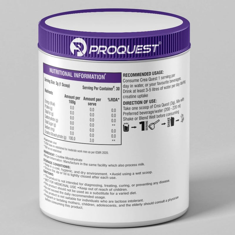 PROQUEST CreaQuest - Pure Micronized Creatine Monohydrate (90G, 30 Servings) Unflavoured, Lab Tested & Certified | Rapid Absorption | Enhanced Muscle Strength & Power | Fast Recovery