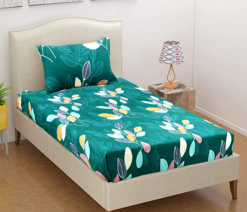 BSB HOME Premium Glace Cotton 180 TC Flat Single Bedsheets Breathable | Wrinklefree (Size-60 X 90 Inch) with 1 King Size Pillow Covers (Size-17 X 27 Inches, Floral, Dark Green)