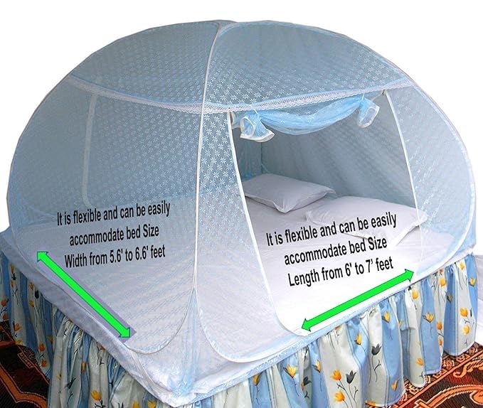 Healthy Sleeping Foldable Pop up Polyester Mosquito Net for Double Bed, Strong & Durable Mosquito Net, King, Queen Size Foldable Machardani (Embroidery Sky Blue 1)