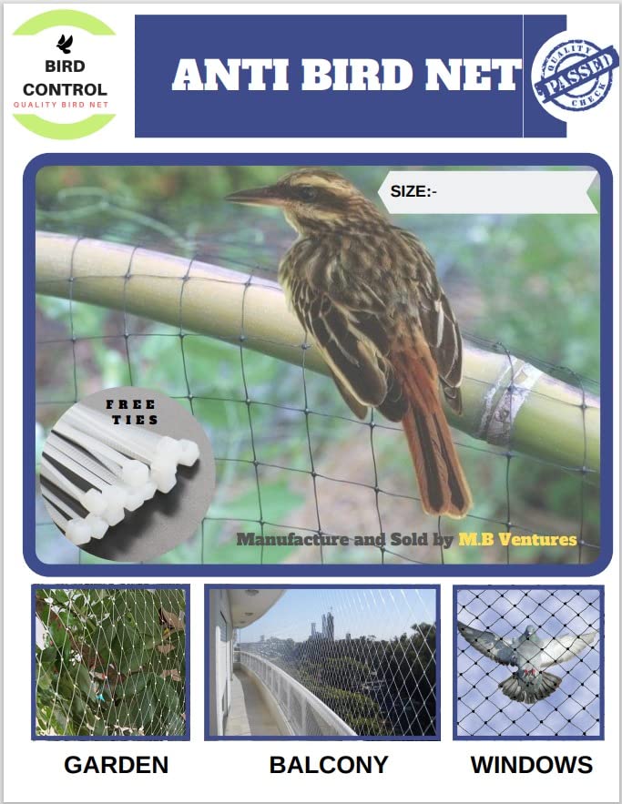 Bird Control Black Nylon Knotted Anti-Bird Net UV Stabilized Multi Filament with Tying Ropes Attached, Cable Ties & Cup Hooks for Easy Installation - Black - 6ft x 12ft