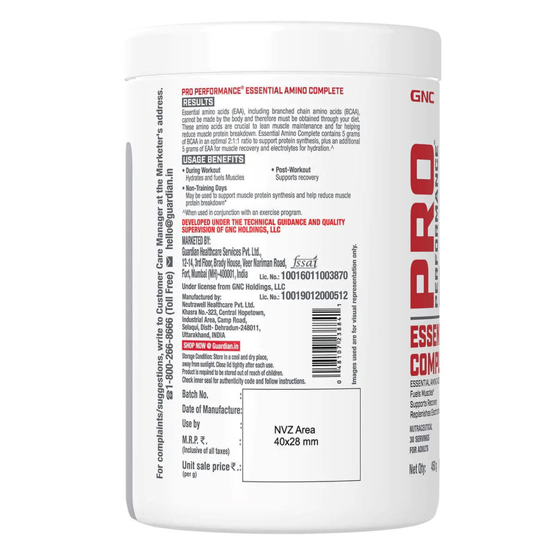 GNC Pro Performance Essential Amino Complete | 450 gm | 30 Servings | Fuels Muscle Growth | Beats Fatigue | Prevents Muscle Cramps | 10g EAA | 100mg Caffeine | 2mg Vitamin B6 | Blue Raspberry