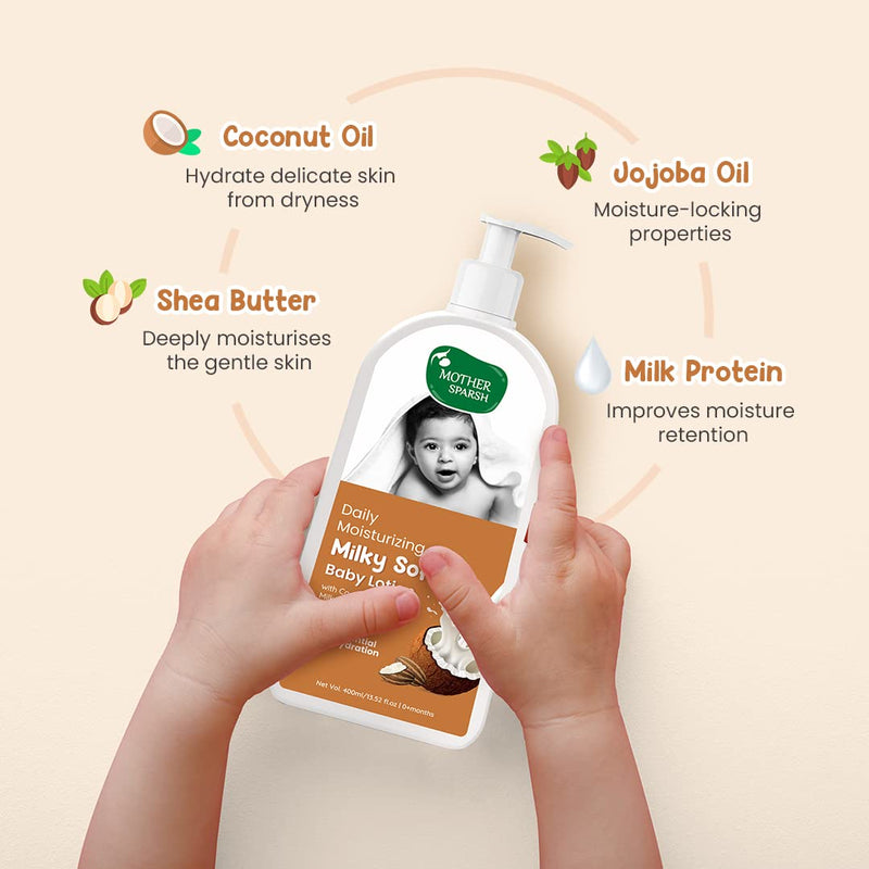 Mother Sparsh Milky Soft Baby Lotion - 400ml |With Milk Protein, Coconut Oil & Shea Butter | For 24Hrs Moisturization