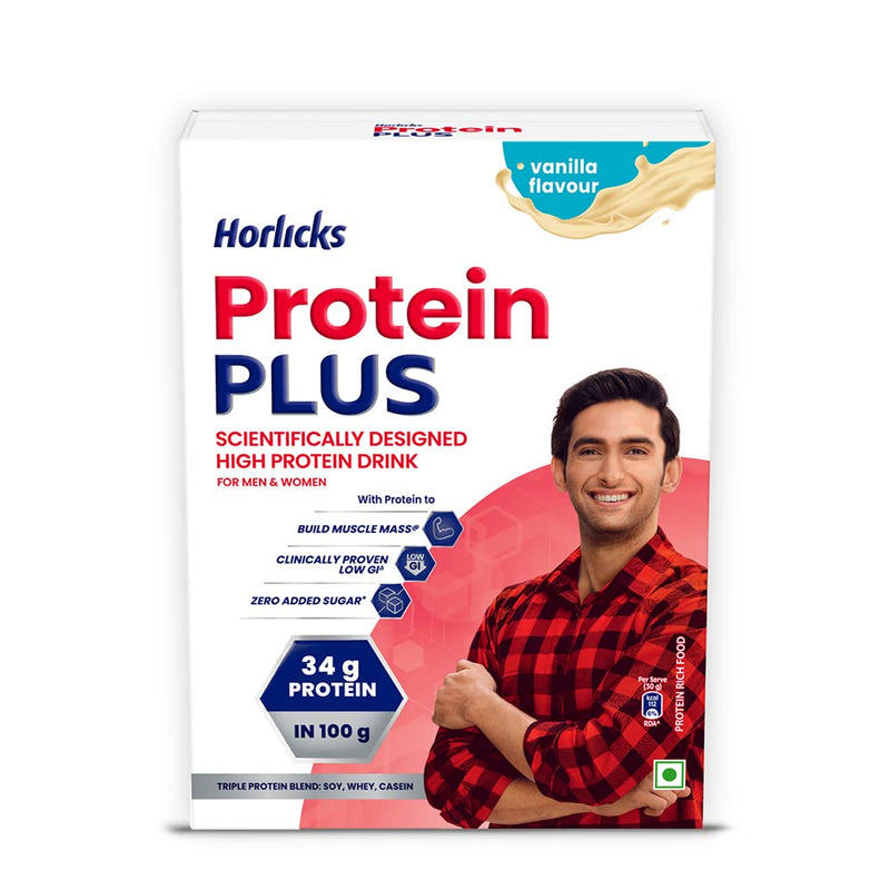 Horlicks Protein Plus Vanilla High Protein Drink for Adults 400 g Jar, Whey, Soy & Casein Powder Blend - For Muscle Mass & Strength, Veg