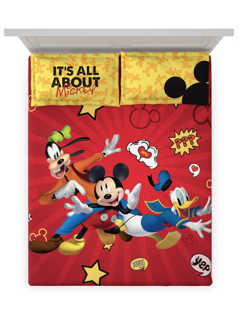 D'Decor Live Beautiful Mickey Conversational 136TC Double Bed Sheet Set with Two Pillow Covers - Red