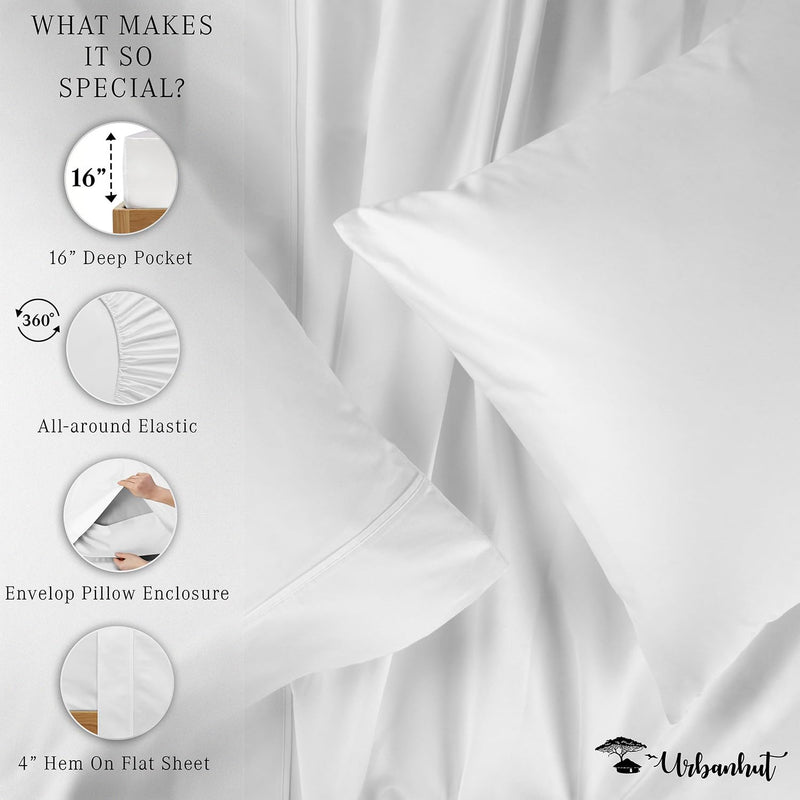 URBANHUT 1000 TC Egyptian Cotton Solid King Size Sheets Set (White, 4 Piece)