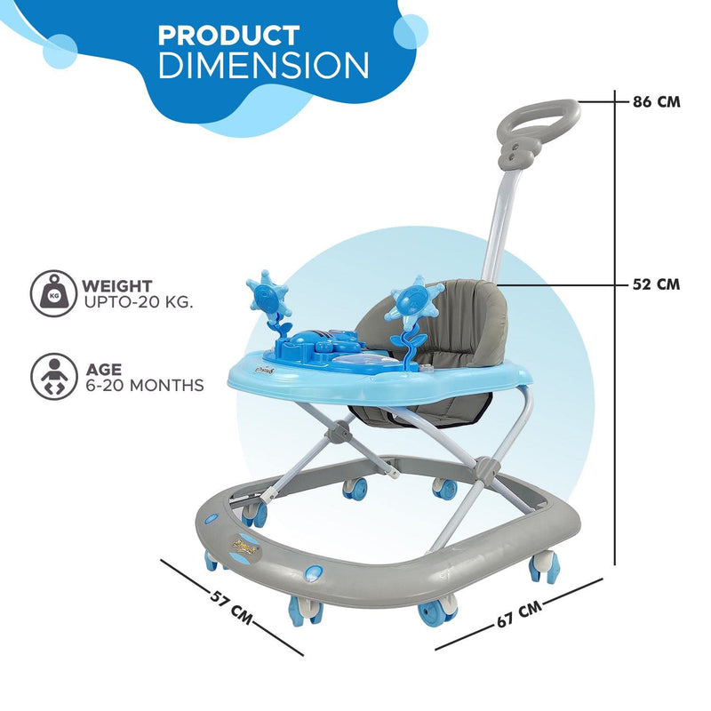 Dash Butterfly Deluxe Baby Walker with 3 Position Adjustable Height Music & Light & Parental Handle, Foldable Activity Walker, Baby 6-18 Months boy, Walker for Kids (Capacity 20kg | Blue)