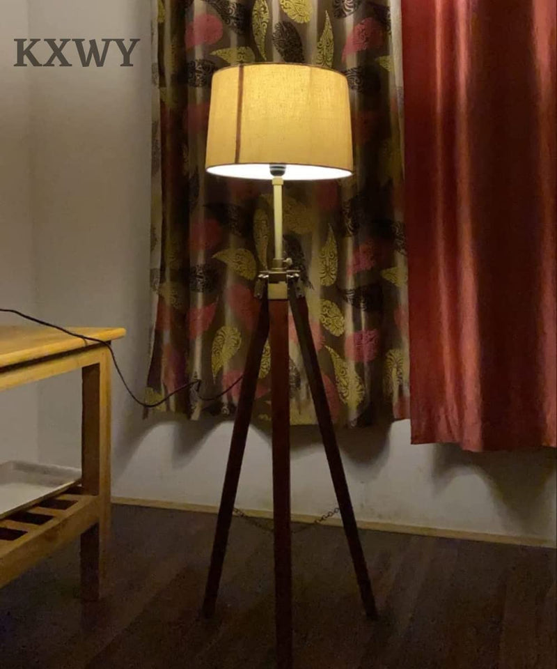 KXWY Tripod Floor Lamp | Antique Designed Jute Fabric With Khadi Shade Decorative Wooden Crafter Standing LED Floor Lamp For Living Room, Bed Room And Office, Standard