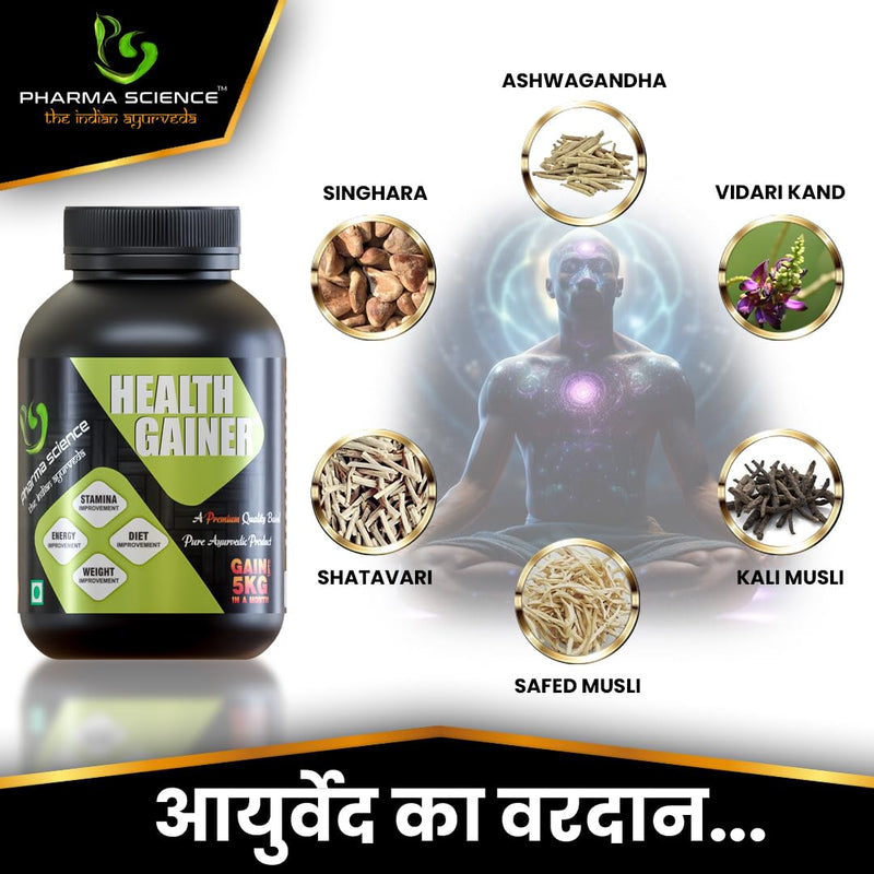 Pharma Science Ayurvedic Weight Gainer Supplement Powder for Men and Women - Increase Stamina, Muscle Mass Bulk & Overall Wellness with Natural Protein & Carbs | Health Gain with High Calories - 100gm