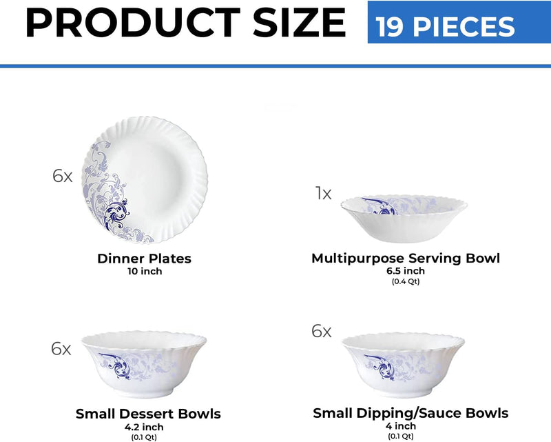 Larah by Borosil Blue Eve Silk Series Opalware Dinner Set | 19 Pieces for Family of 6 | Microwave & Dishwasher Safe | Bone-Ash Free | Crockery Set for Dining & Gifting | Plates & Bowls | White
