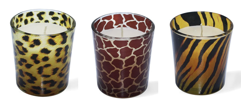 Stone & Feather� Animal Printed Glass Candle, Vanilla,(Paraffin Wax) Long Burning Time- 24 Hours Each, Smoke Free, for Gifts and Home Decoration.