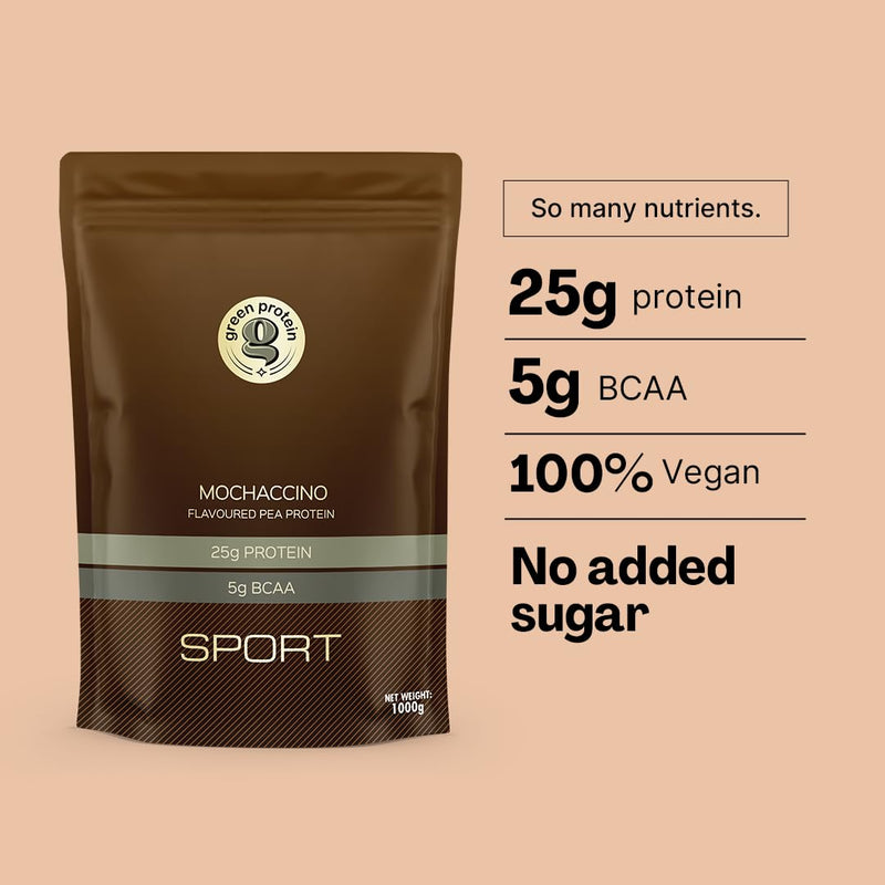 GREEN PROTEIN Sport Vegan Plant Pea Protein Isolate Powder, 25gm Protein, 5g BCAA Per Serving, No Added Sugar | Soy, Dairy, Gluten & Allergen Free | Mochaccino Flavor, Standup Pouch (1kg)