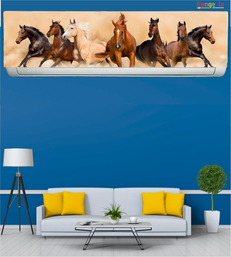 Rangeele 'Seven Running White Horses Art Deco Poster'' AC Cover Sticker (96 cm x30.5 cmx 24.5 cm)