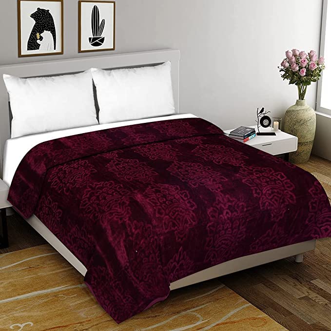 OM Enterprises Velvet Floral Embossed Skin Friendly, Lightweight, Fade Resistant, Breathable Super Soft Heavy Double Bed Mink Blanket (Wine, Double)