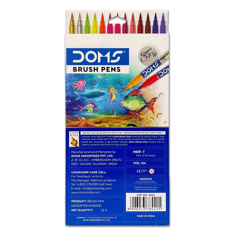 DOMS Non-Toxic Multicolor 26 Shades Brush Pens Set | Super Soft Fine Tip Brush Pens | Diverse 26 Shades | Water Based Ink | Includes Gold & Silver Shades | Pack of 1