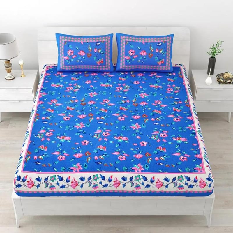 Designer Cotton Floral Printed Doubal Jaipuri Bedsheet with Two Pillow Cover-ET-EXL-325-BLU