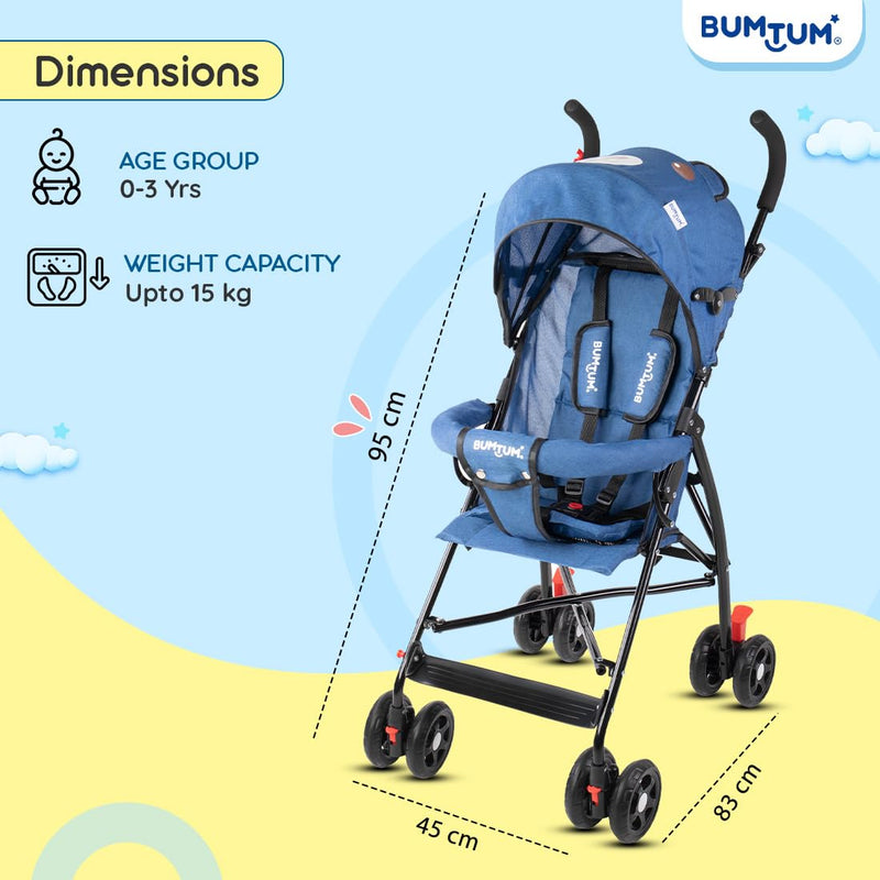 BUMTUM Baby Slim Trim Stroller/Pram for 6 to 36 Months, Reclining backrest, Reversible Handlebar for Babies, Toddler & Kids(Blue)