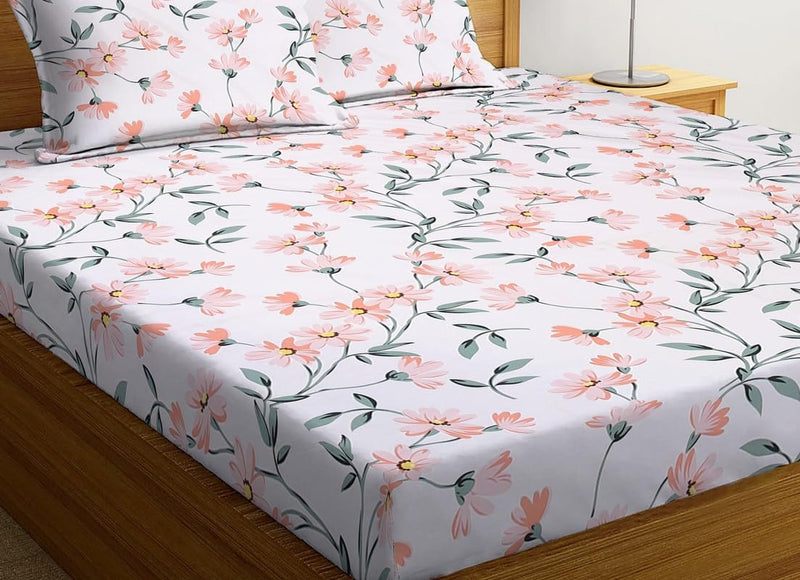 New Leaf Premium Cotton 210 TC Elastic Fitted Bedsheets with 2 Pillow Covers|King Bed with All Around Elastic Wrinklefree Supersoft Breathable |Size-78 x72+10 inches | Print Floral, White Pink Green