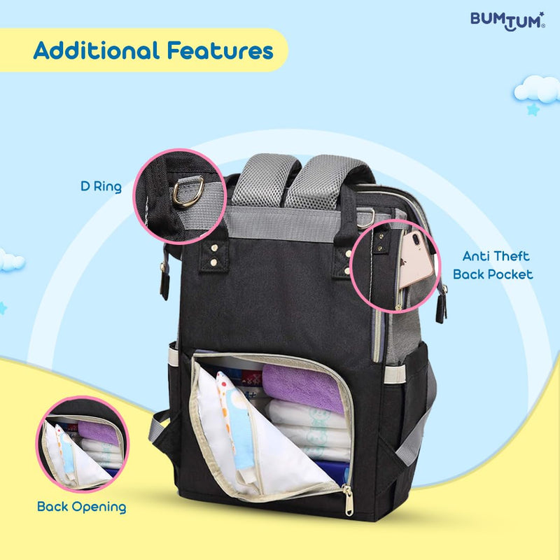 Bumtum Baby Diaper Bag for Mothers | Spacious Waterproof Backpack with Multiple Pockets to Easily Organise Baby Essentials, Various Sized Pockets (Grey & Black)