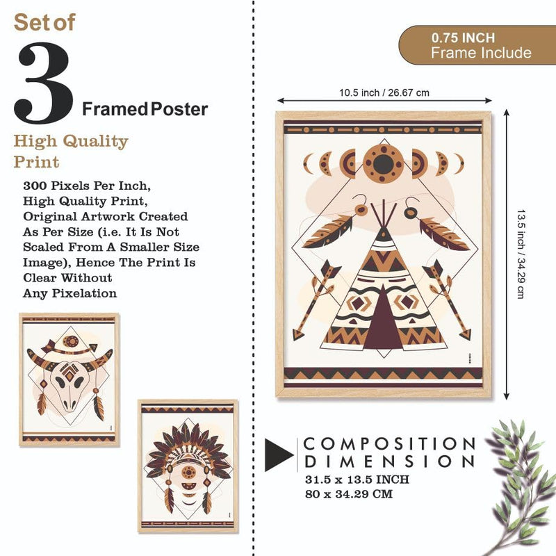 SAF paintings BOHO Set of 3 Modern Art Premium Brown frame Bohemian Painting for Wall Decoration Digital Reprint 13.5 inch x 10.5 inch Bohemian Painting (With Frame, Pack of 3) B191K3