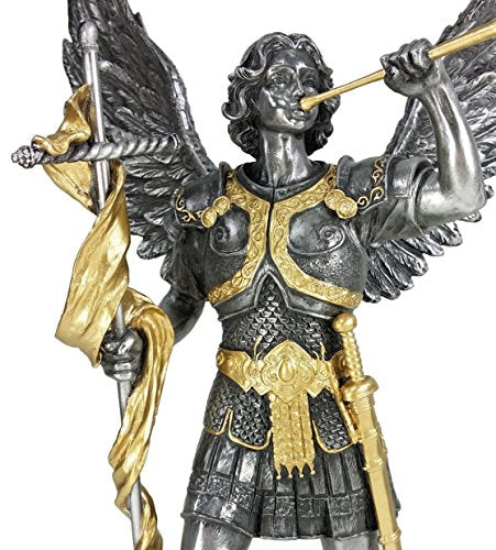 13" Saint Gabriel Archangel Statue W/Trumpet and Cross Pewter & Gold Finish Angel