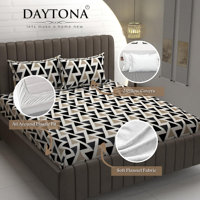 DAYTONA Winter Warm Flannel/Fleece/Velvet King Size All Around Elastic Fitted Bedsheet with 2 Pillow Cover (72" x 78" x 8") | Supersoft (White Triangle, King 72x78)