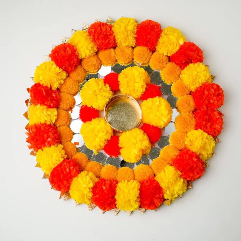 RR Crafts Gajra Rangoli – Reusable Rangoli Mats with Artificial Marigold, Gota Flowers, and White Gajra for Festive Decor | Rangoli Door Mats (Pack of 2)