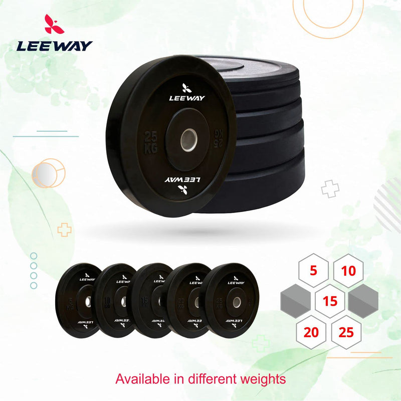 LEEWAY Olympic Black Bumper Plates, (60kg combo)| Rubber Bumper Weight Plates with 50 mm Dia| Olympic Barbell Bar Weight Plate for Weightlifting/Strength Training| Weight Plate (60kg Set(5X2+10X2+15X2))