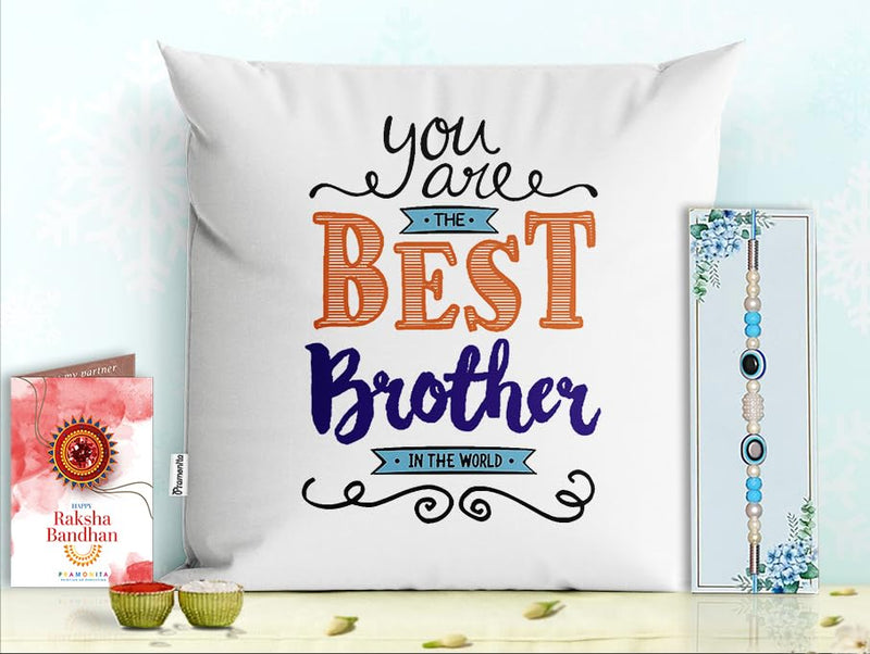 Pillow Rakhi for Brother with Gift - Rakhi with Rakhi Cushion with Filler Greeting Card- Rakhi for Brother, Gifts for Brother, Gifts for Rakhi, Gifts for Rakshabandhan Rakhi Gifts-PC-CU-09