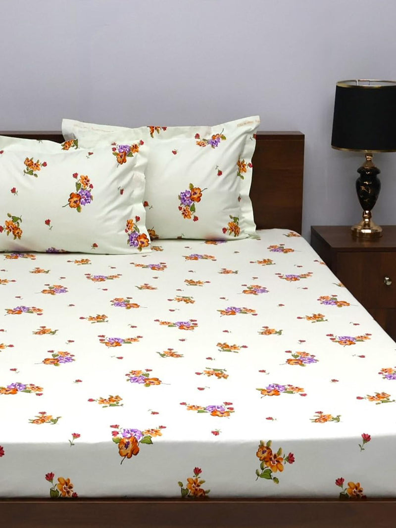 Bombay Dyeing King Size 180 TC 100% Cotton Bedsheet with 2 Pillow Cover- 525B Floral Collection - Size: 274cm x 274cm - 7503 Orange