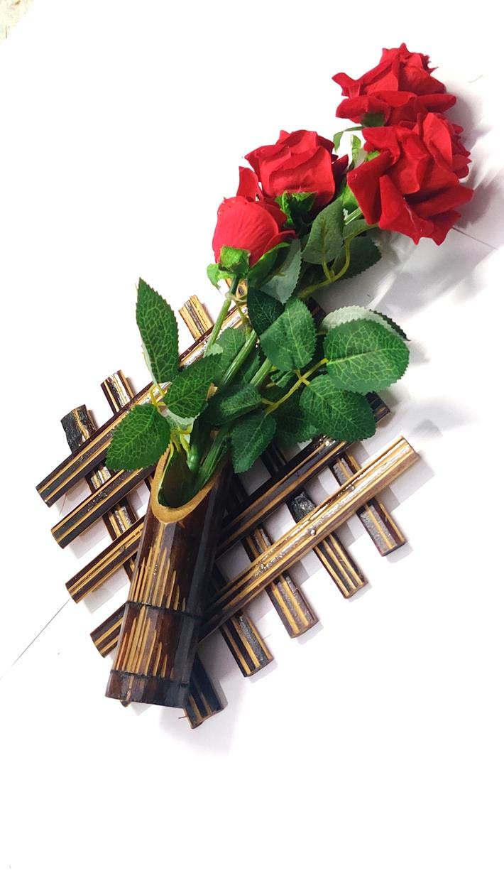 ARMAN SPOONS - Believe in Quality Royals Handmade Bamboo and Red Rose Wall Hanging Flower Vases (Small, Yellow) - 2 Piece Set ,Bamboo, Bamboo, Bamboo,Plastic